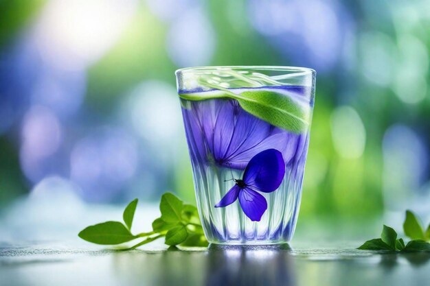 een glas water met een bloem erin en een paarse bloem erin