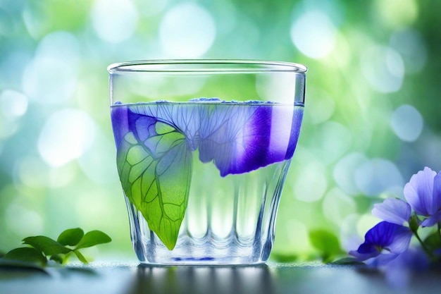 een glas water met een bloem erin en een vlinder op de bodem