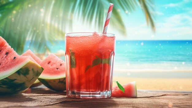 Een glas water met een rood-wit gestreept rietje naast een strand met strandtafereel