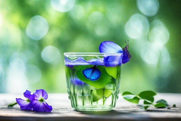 een glas water met een vlinder erop en wat bloemen erin