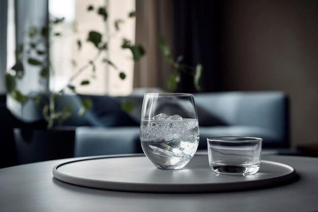 Een glas water met ijs op een tafel