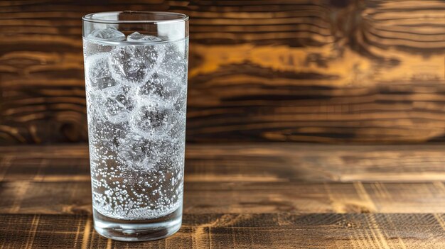 Een glas water met ijsblokjes zit op een houten tafel.