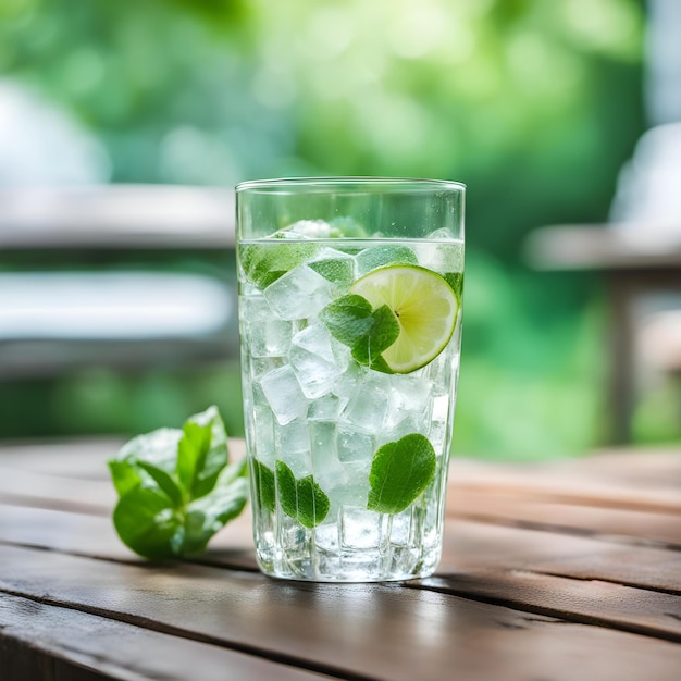 een glas water met limoen en muntbladeren op een tafel