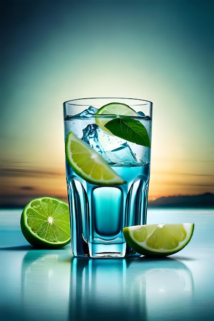 Een glas water met limoenen en limoenen erop
