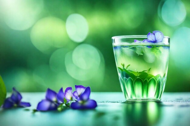 een glas water met paarse bloemen erin en een groene bloem op de achtergrond