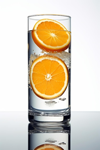 Een glas water met stukjes sinaasappel en ijsblokjes erop.