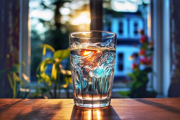 Een glas water op een houten tafel voor het raam.