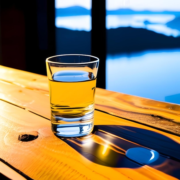 Een glas water op een houten tafel