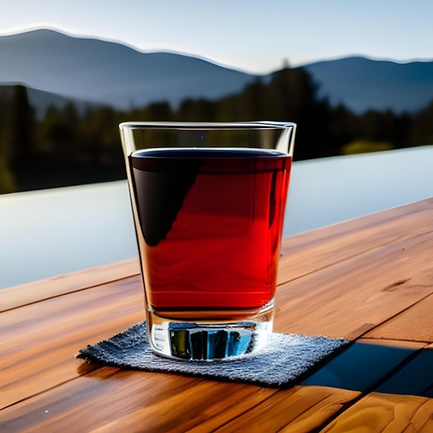 Een glas water op een houten tafel