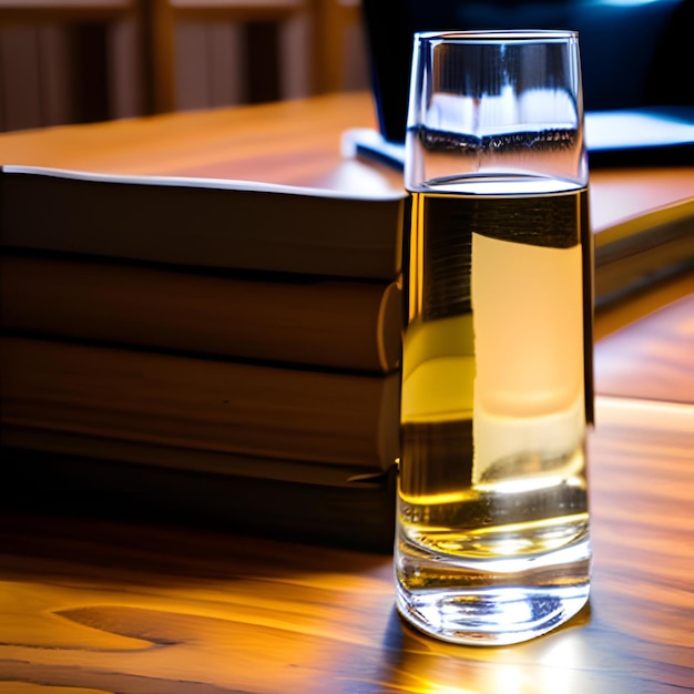 Een glas water op een houten tafel