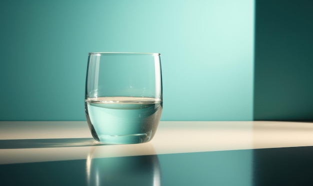 Een glas water staat op een tafel met een blauwe achtergrond.