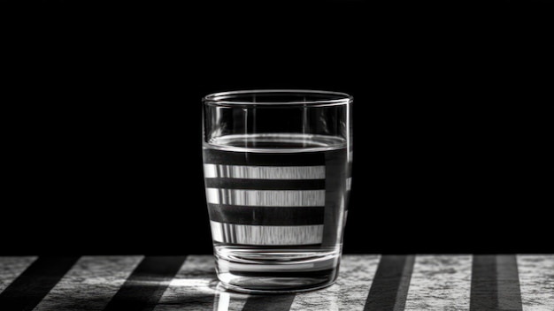 Een glas water staat op een tafel met een zwarte achtergrond.