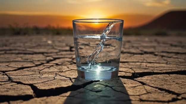 Foto een glas water tegen gebarsten, door de zon gebakken aarde met milieuthema's