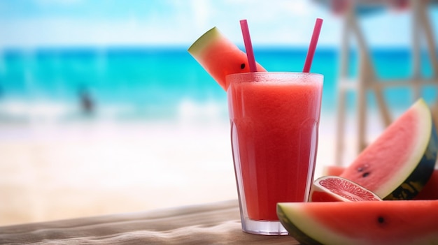 Een glas watermeloensap op een tafel met een strand op de achtergrond