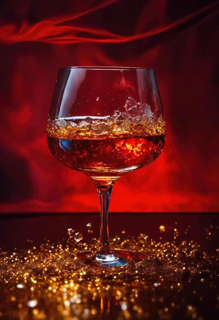 Een glas whiskey met ijs en splashes Gouden glinsterende achtergrond ai generatief