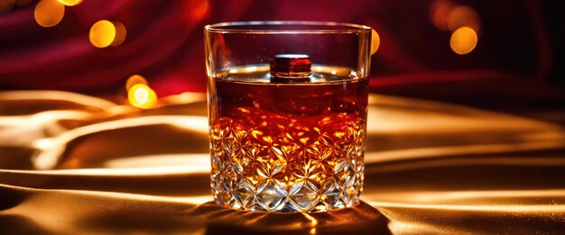 Een glas whiskey met ijs en splashes Gouden glinsterende achtergrond ai generatief