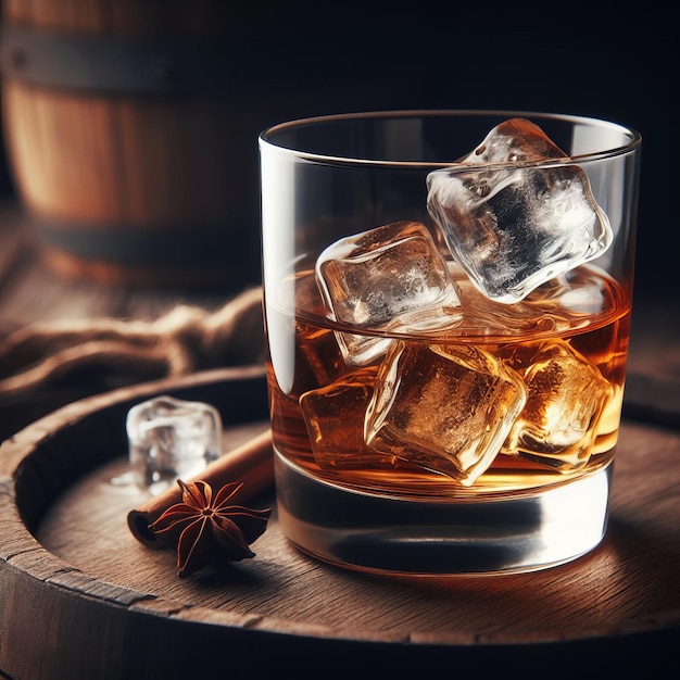 Een glas whiskey met ijs op een houten vat met een warme verlichting Star anise voegt een touch toe