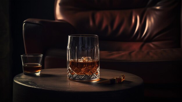 Een glas whisky en een sigaar staan op tafel.
