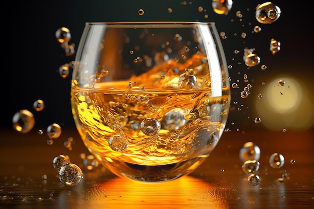 Een glas whisky met bubbels op de achtergrond