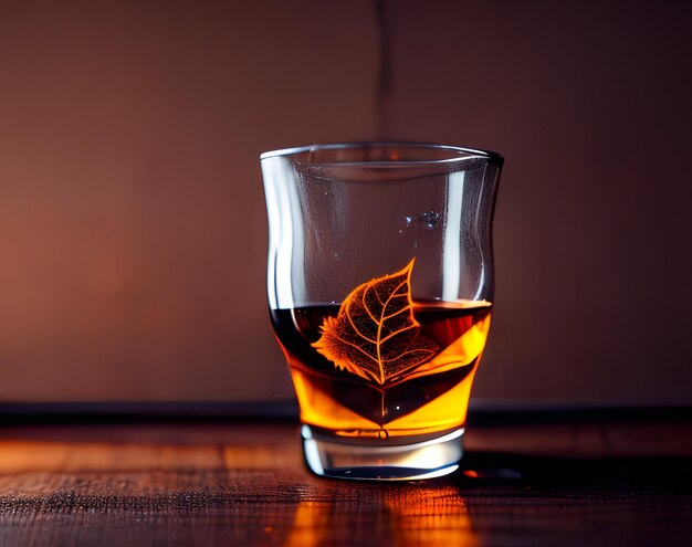 Een glas whisky met een blad erin