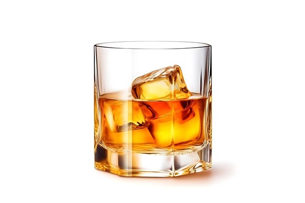 Een glas whisky met ijsblokjes op een witte achtergrond.