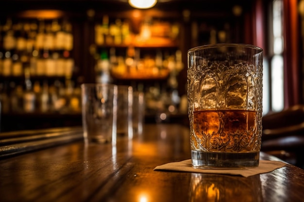 Een glas whisky op de bar voor de bar.