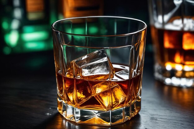 Foto een glas whisky op de bar voor de bar.