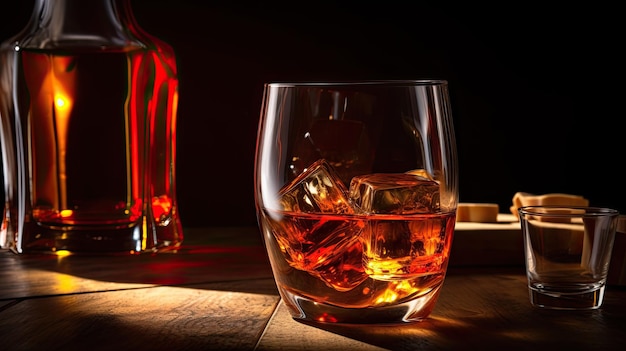 Een glas whisky op een bar met daarachter een fles whisky.