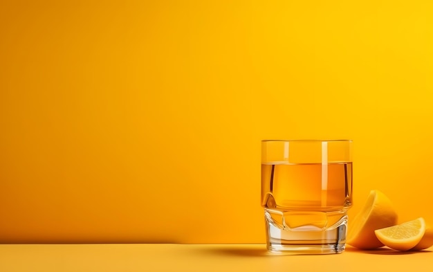 Een glas whisky op een gele achtergrond