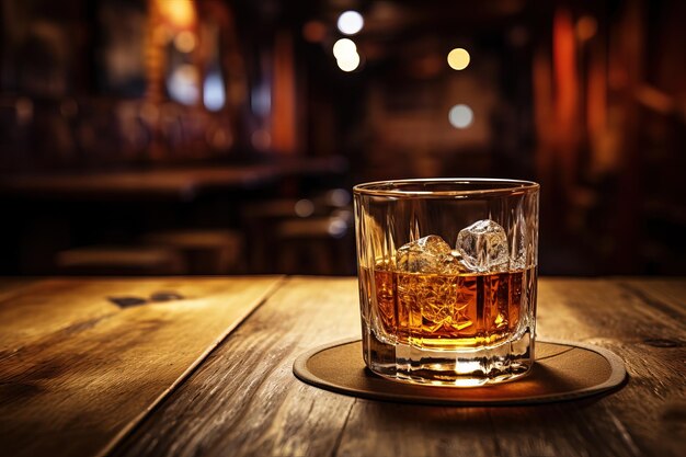 Een glas whisky op een houten tafel in een bar close-up weergave