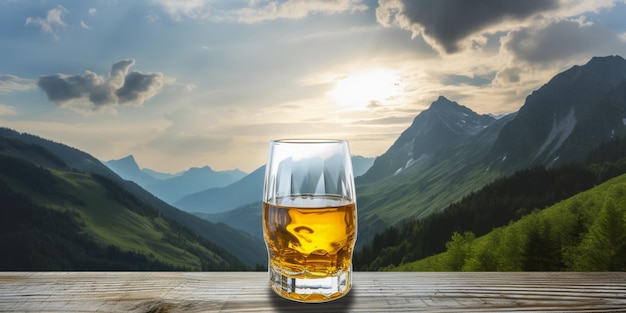 Een glas whisky op een tafel met bergen op de achtergrond