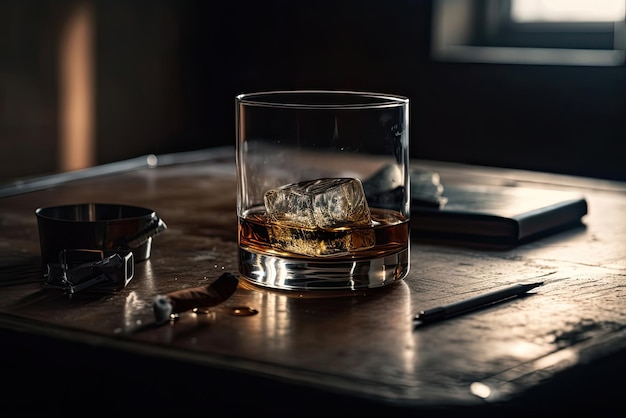 Een glas whisky op een tafel met een sigaret op de achtergrond