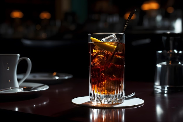 Een glas whisky staat op een tafel in een restaurant.