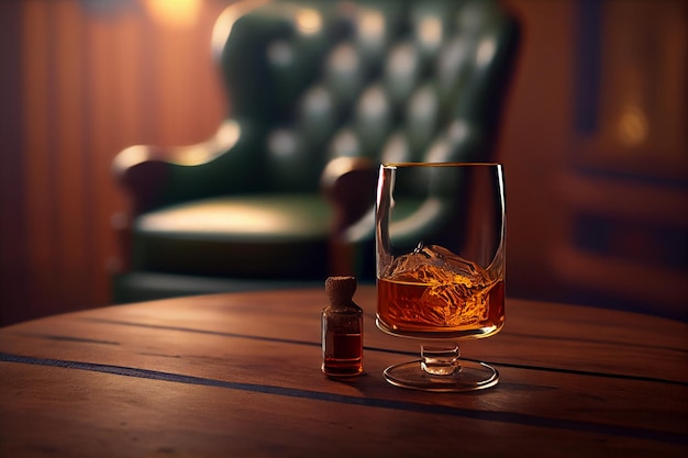 Een glas whisky staat op een tafel naast een groenleren stoel.