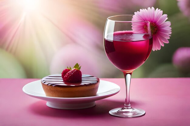 Foto een glas wijn en een aardbei op een tafel.