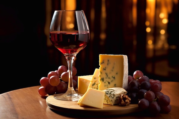 Een glas wijn en kaas op een houten tafel met druiven en kaas.