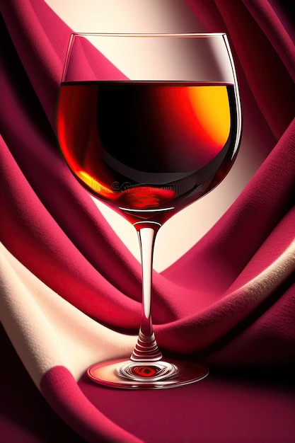 een glas wijn met een rood-wit gordijn erachter