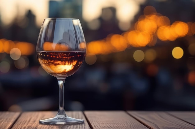 Een glas wijn op houten bord op vervagen stad met bokeh achtergrond