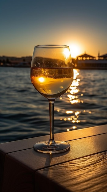 Een glas wijn staat op een tafel met daarachter de ondergaande zon.