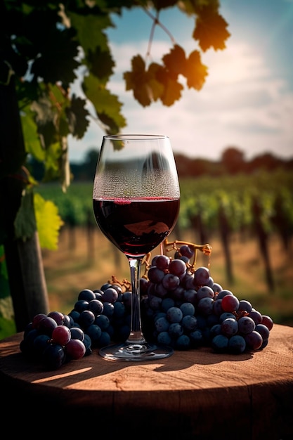 Een glas wijn staat op een tafel met een tros druiven met uitzicht op een zonnig zomerveld met wijngaarden generatieve ai