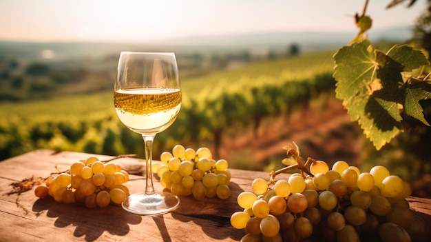 Een glas wijn staat op een tafel met een tros druiven met uitzicht op een zonnig zomerveld met wijngaarden Generatieve AI