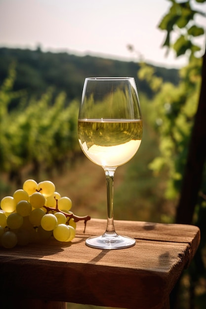 Een glas wijn staat op een tafel met een tros druiven met uitzicht op een zonnig zomerveld met wijngaarden Generatieve AI