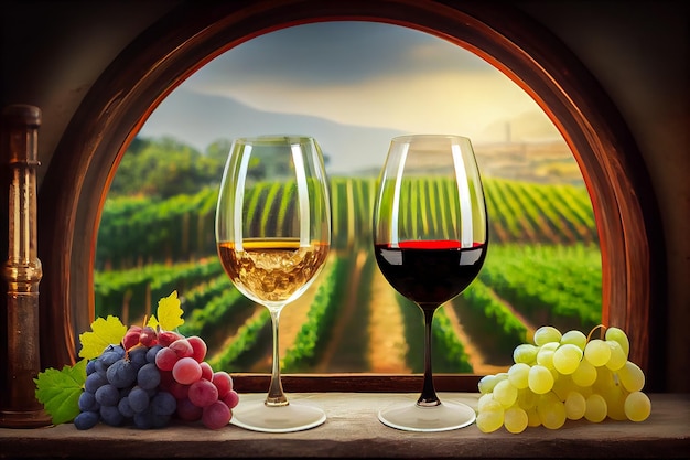 Een glas wijn staat op een vensterbank naast een tros druiven.