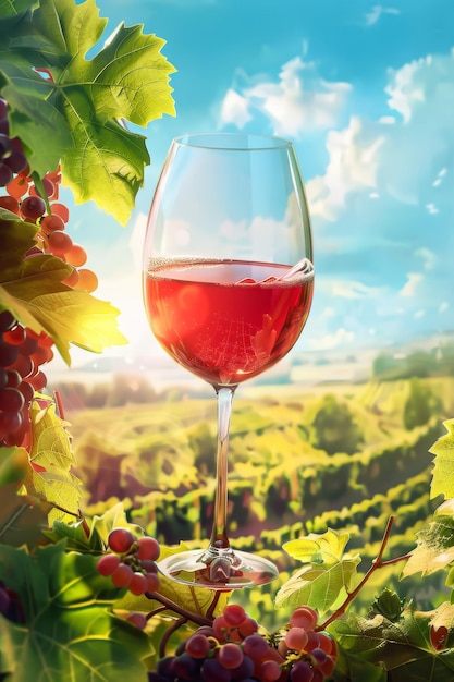 een glas wijn tegen de achtergrond van wijngaarden Generatieve AI