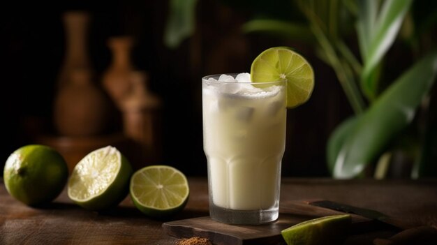 Een glas witte rumcocktail met limoenen op een houten tafel