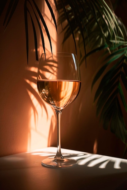 Een glas witte wijn Een glas perzikkleur op een beige achtergrond met een schaduw van een palmblad die de zonnestralen weerkaatst Generatieve Ai