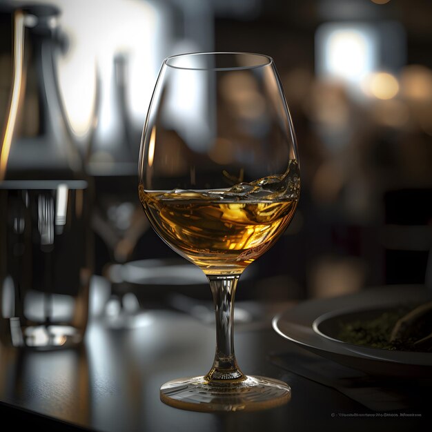 Een glas witte wijn op tafel