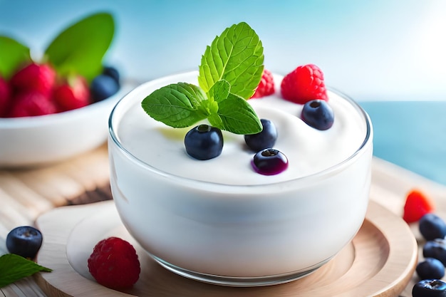 een glas yoghurt met bessen en een aardbeien