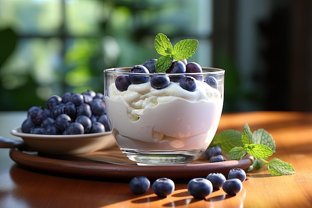 een glas yoghurt met een schaal yoghurt en een schaal joghurt