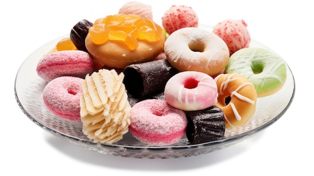 een glasplaat vol met verschillende donuts en donuts.